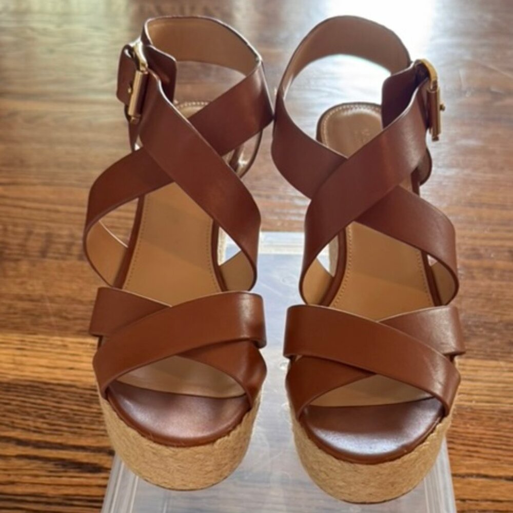 Michael Kors Celia Wedge Brown Leather Platform Espadrille Sandals, 10M